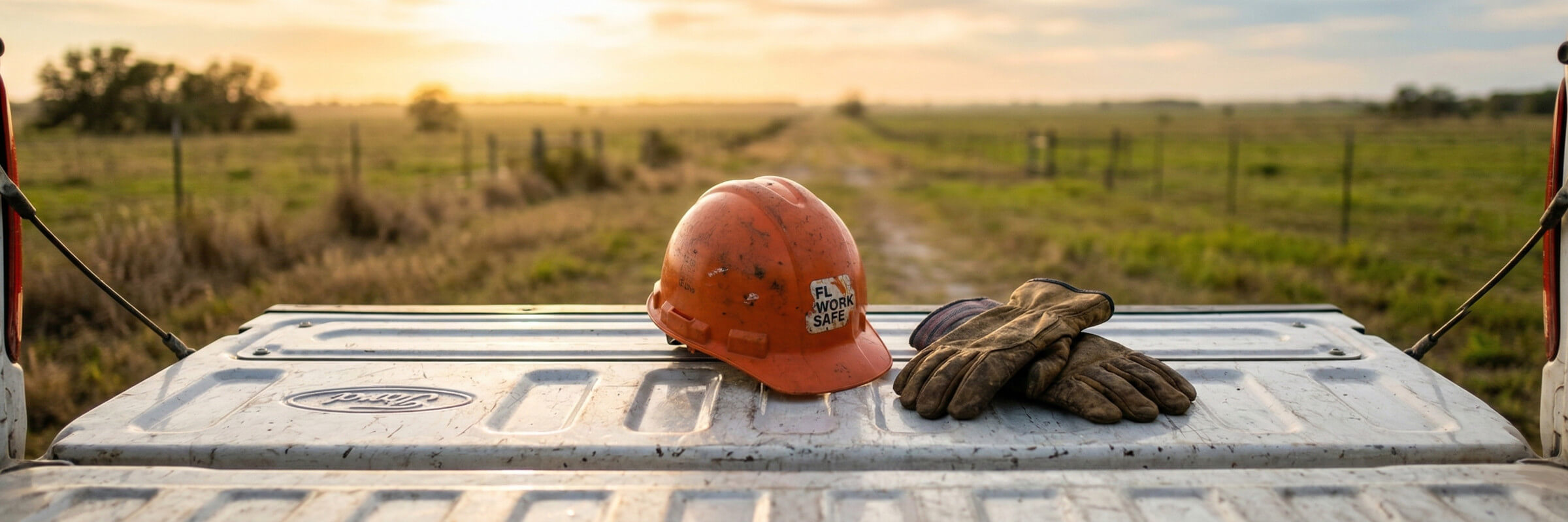 Work truck tailgate with hard hat and gloves in Hendry County, Florida