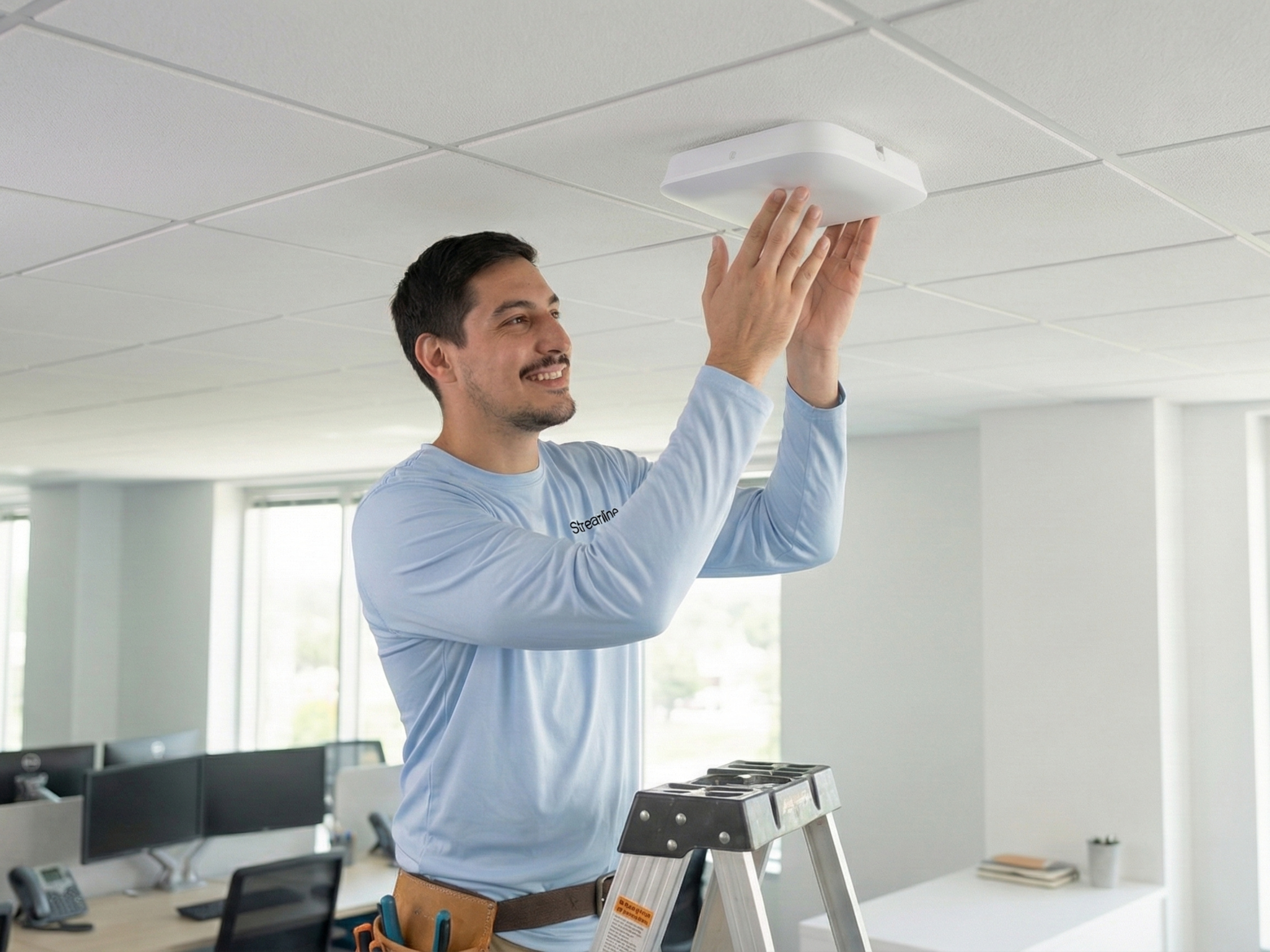 Commercial low-voltage technician installing enterprise WiFi hardware