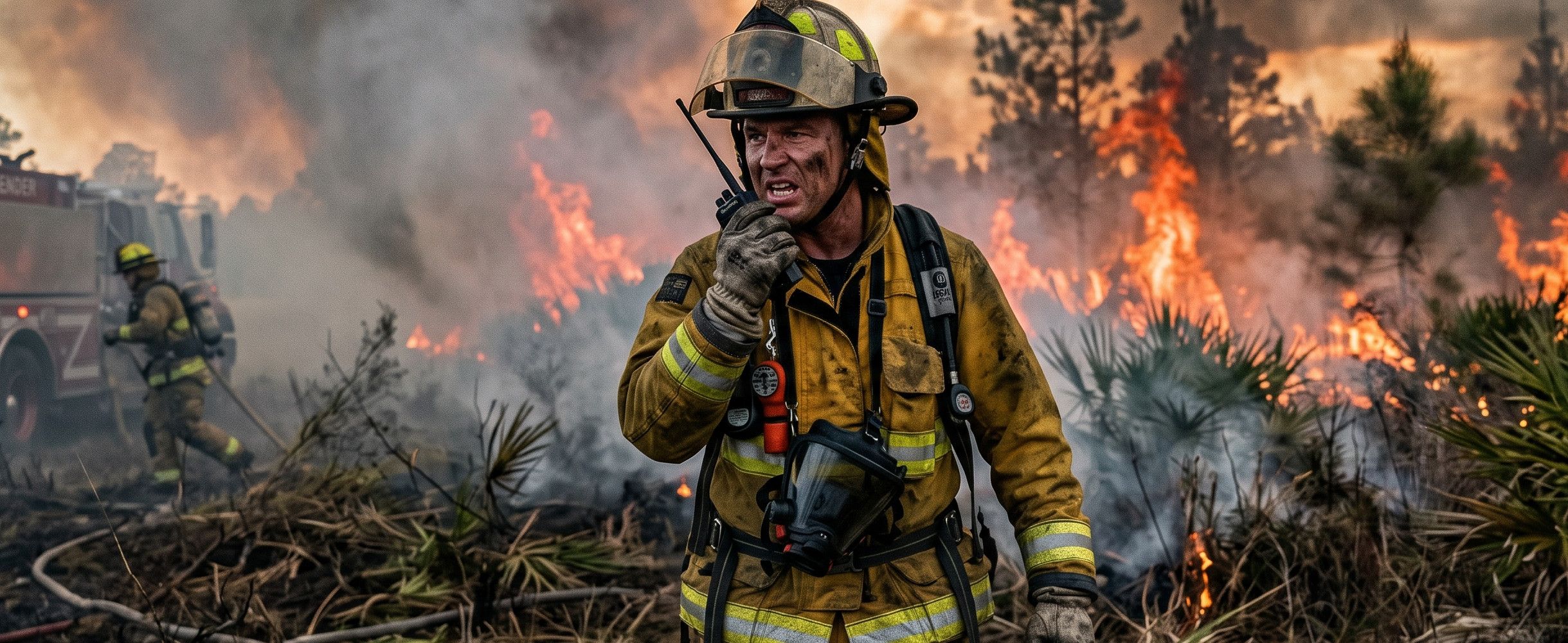 Firefighter on scene of a brush fire in rural Florida relying on radio communication