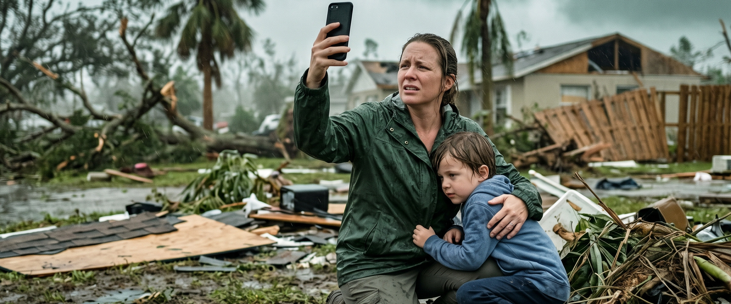 Hurricane damage and a family trying to reach help by phone in Muse, Florida