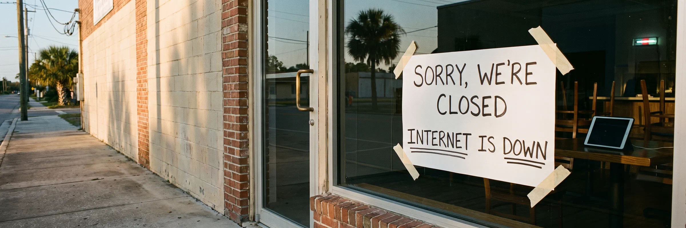 A handwritten sign taped inside a small-town storefront window reading Sorry, we're closed, internet is down, with the dark empty dining room visible behind it