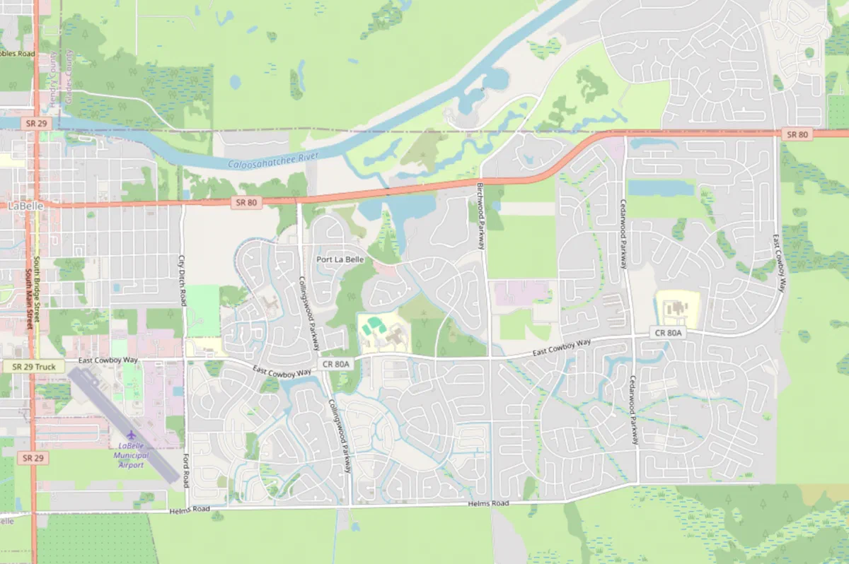 Street map of Port LaBelle showing hundreds of curving residential streets laid out east of LaBelle, between the Caloosahatchee River and Helms Road