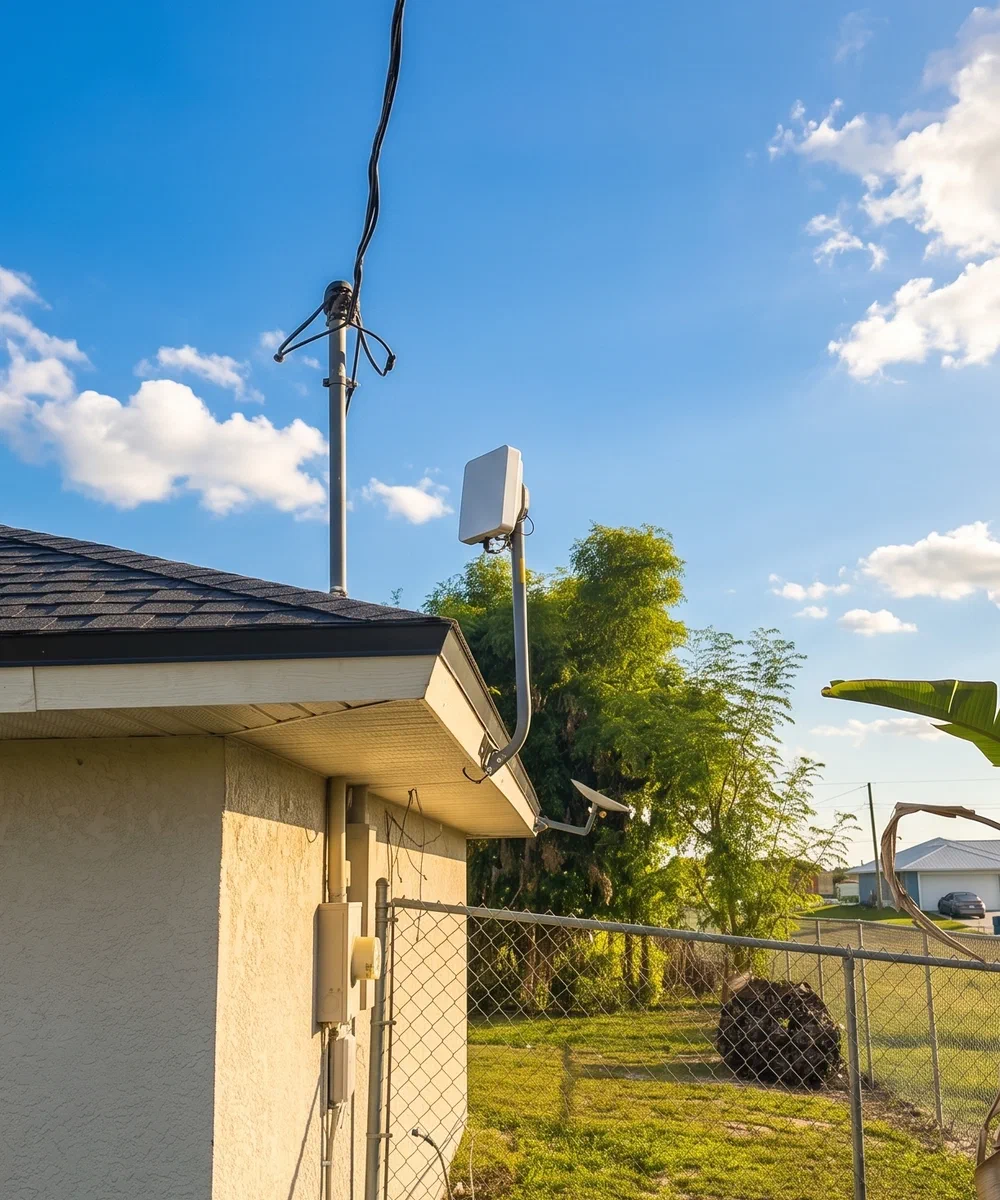 A Streamline antenna on a J-arm at the corner of a house, with a Starlink dish mounted on the same fascia a few feet away